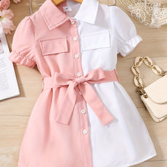 Toddler Girls Puff Sleeve Button Block Casual Shirt Dress