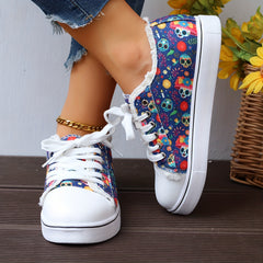 Women's Skull Pattern Canvas Flats Halloween Sneakers