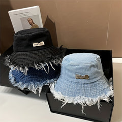 Ripped Washed Bucket Hat Unisex Tassel Denim Basin Hat Iron Label Decor