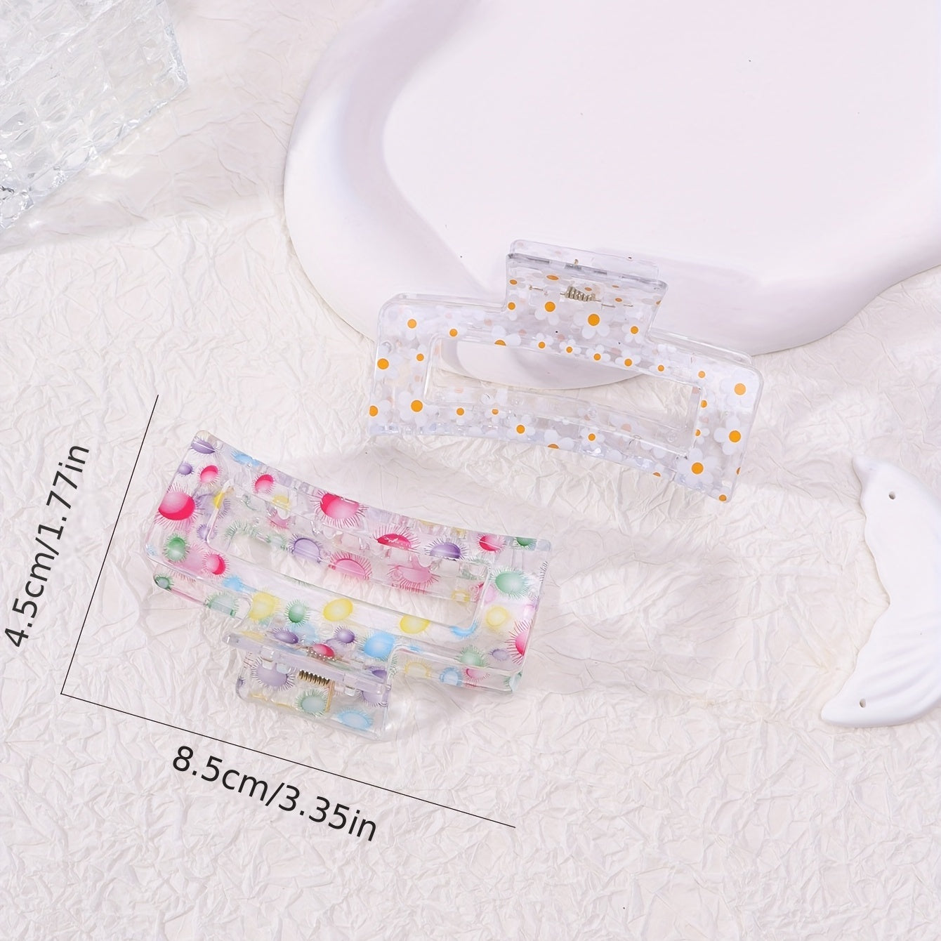 2pcs Floral Printed Hair Claw Clips Transparent Nonslip Shark Clip Women Girls