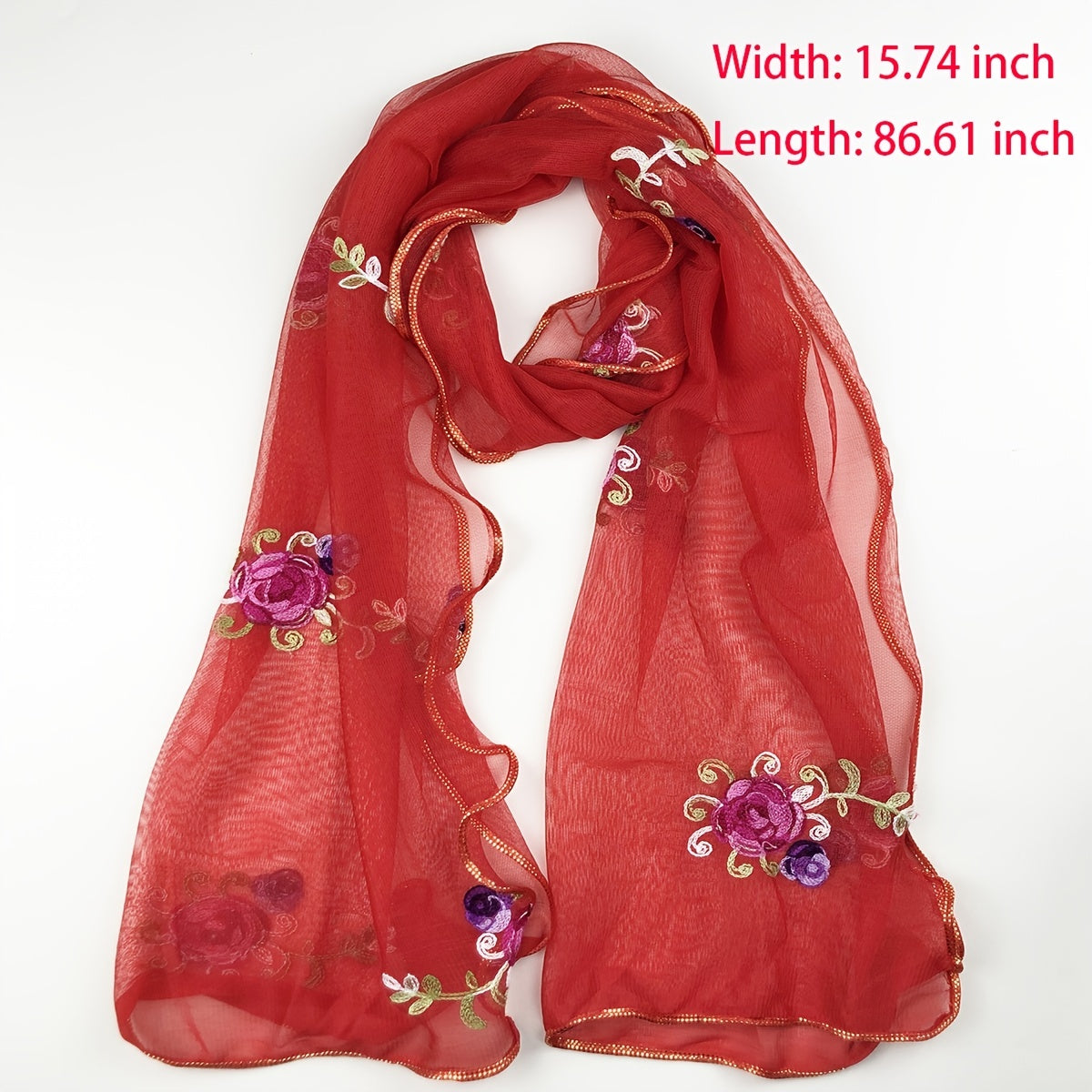 Red Embroidery Thin Lace Scarf Women Comfortable & Breathable Shawl