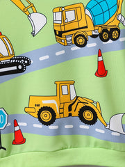 Cartoon Excavator Car Print Boys Pullover Sweatshirt
