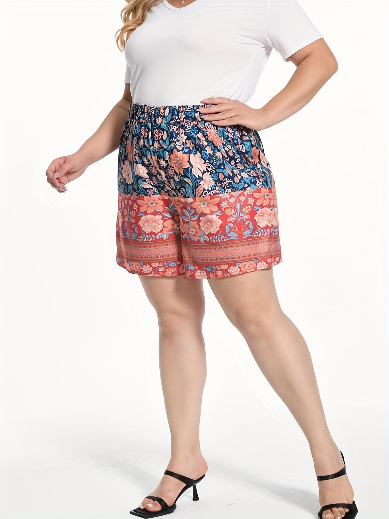  Boho Shorts Women's Plus Floral Border Print Loose Wide Leg