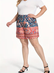  Boho Shorts Women's Plus Floral Border Print Loose Wide Leg