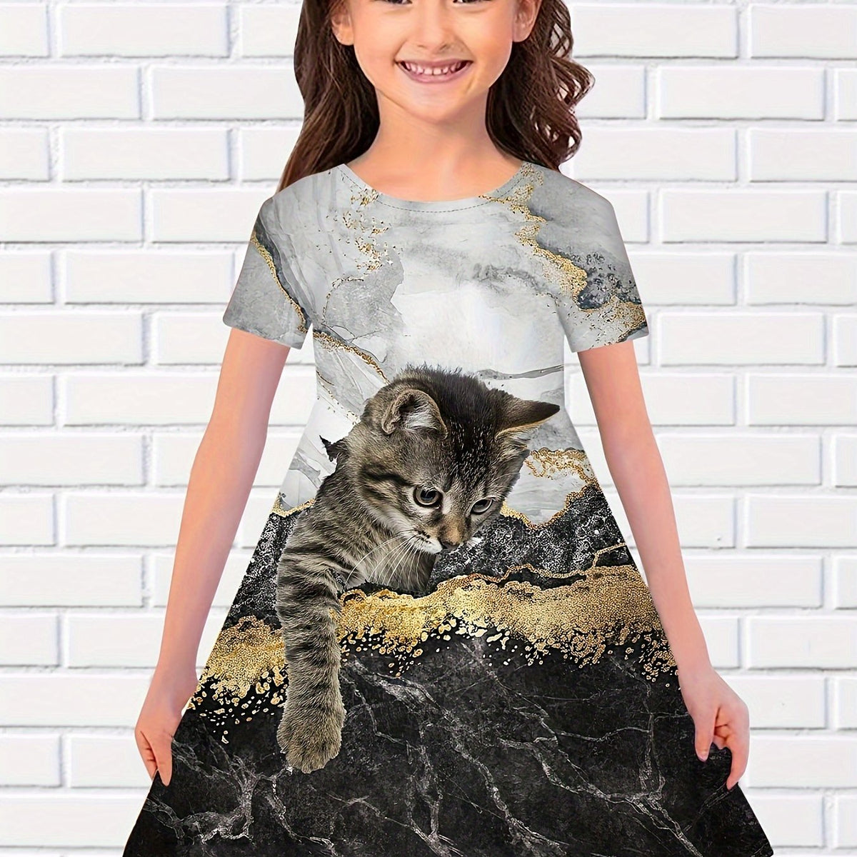 Gorgeous 3D Cat Print Short Sleeve Dress Summer Clothes