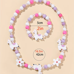 Pink Wood Fox Flower Beads Jewelry Set