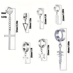 Men's Steel Jewelry Set Cross Ear Clip Fishbone Earrings