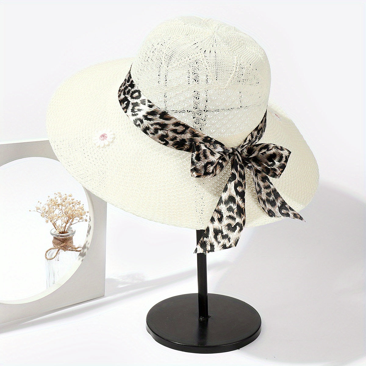 Daisy Embroidery Sun Hat Leopard Ribbon Bow