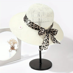 Daisy Embroidery Sun Hat Leopard Ribbon Bow