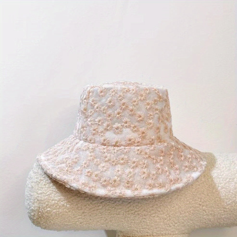 Mesh Lace Flower Embroidery Fisherman Hat for Women
