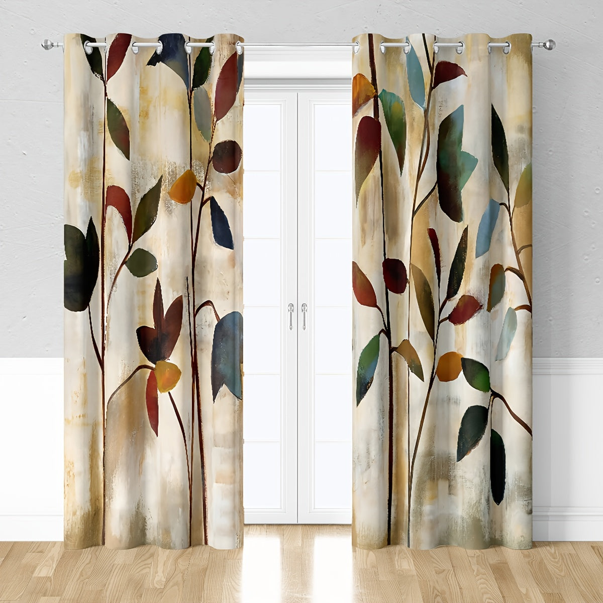 2pcs Hand Painted Leaves Pattern Curtains