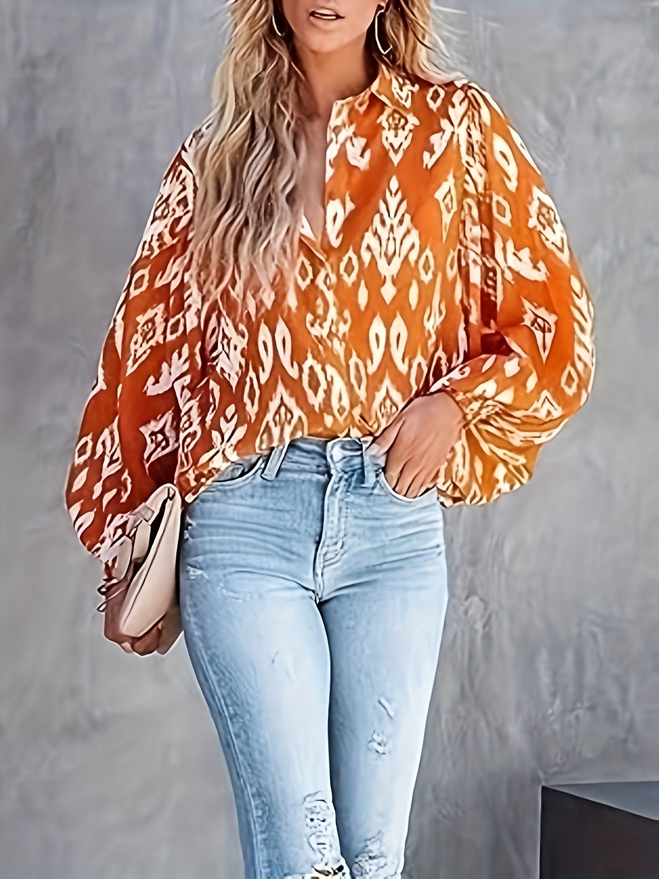  Ikat Print Button Up Lantern Sleeve Blouse