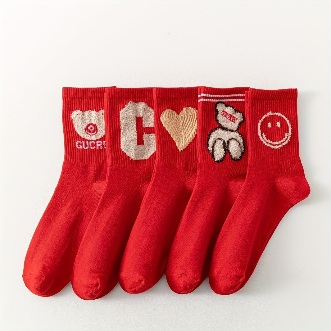 5 Pairs Letter & Heart Print Socks Mid Tube Stockings Women