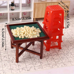 Mini Mahjong Set with Table and Stools for Dollhouses