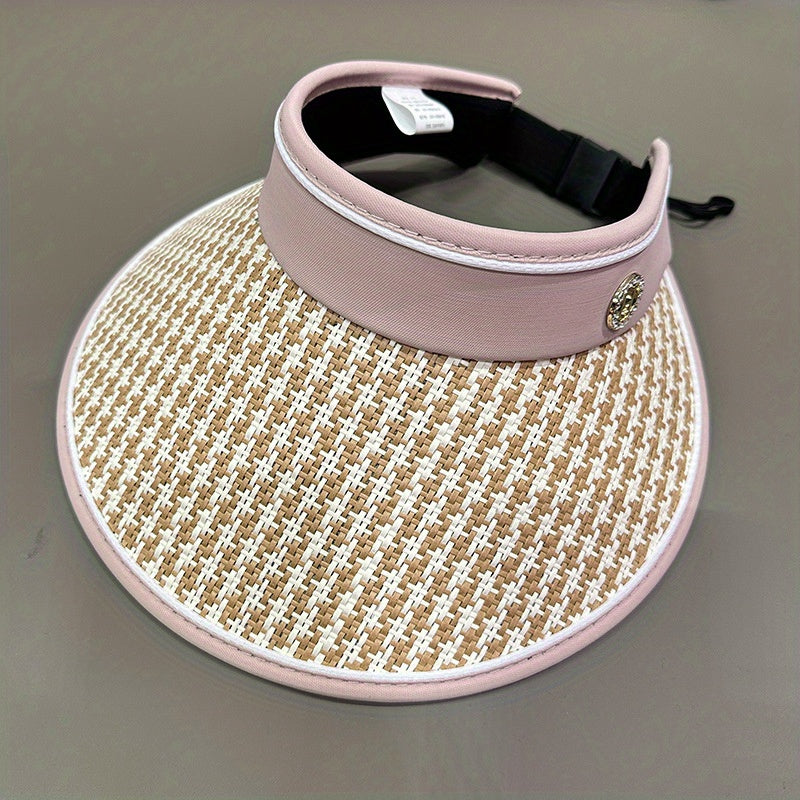 Houndstooth Visor Hat Wide Brim UV Protection Straw Sun Hat