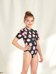 Girl's Strawberry Pattern Onesie Swimsuit Tankini Short Sleeve Bathing Suit