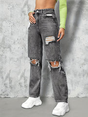 Dark Grey Ripped Straight Jeans High Rise Distressed Denim Pants