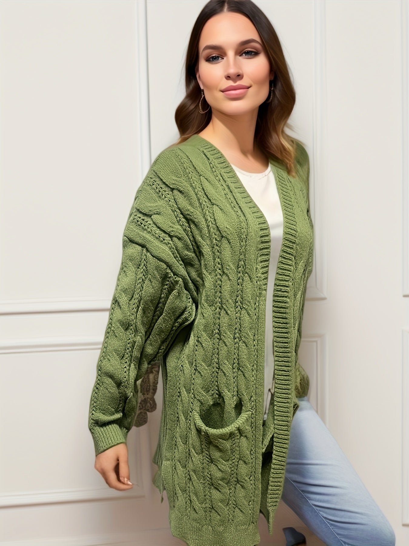  Solid Cable Long Sleeve Open Front Cardigan With Pockets