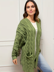  Solid Cable Long Sleeve Open Front Cardigan With Pockets