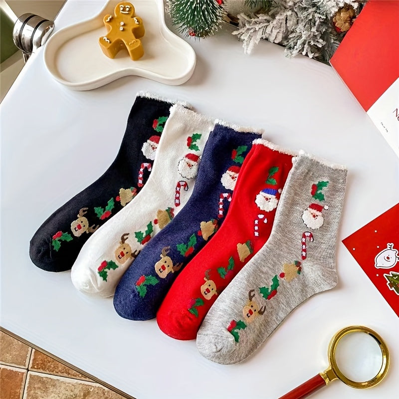5 Pairs Christmas Print Mid Tube Women's Socks