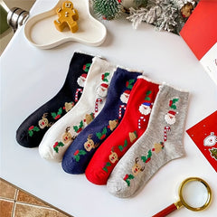 5 Pairs Christmas Print Mid Tube Women's Socks