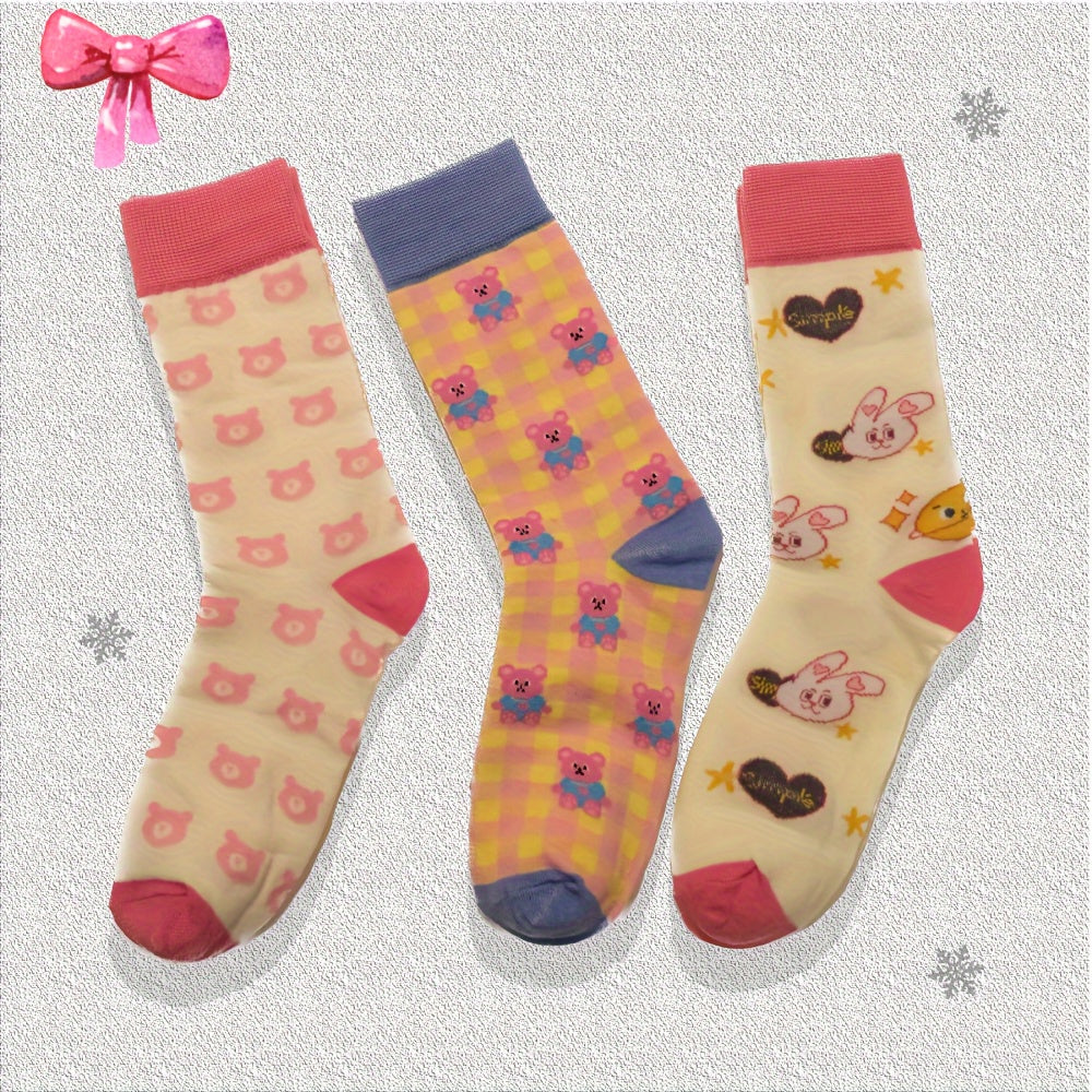 Bunny & Bear Print Mid Tube Socks Women's Stockings