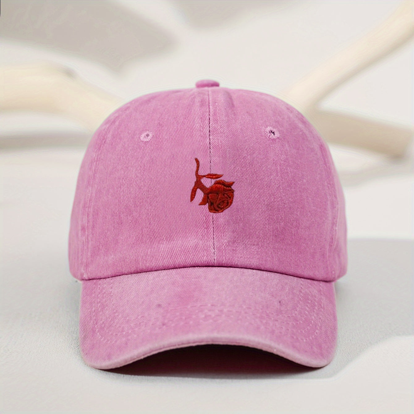 Red Rose Embroidery Baseball Cap Washed Distressed Sports Hat