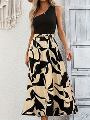 One Shoulder Crop Top & Print Skirt Set Geometric Design