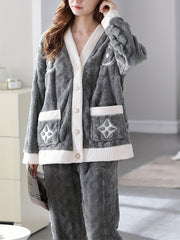 Floral Print Fuzzy Pajama Set Long Sleeve V Neck Women's Sleepwear