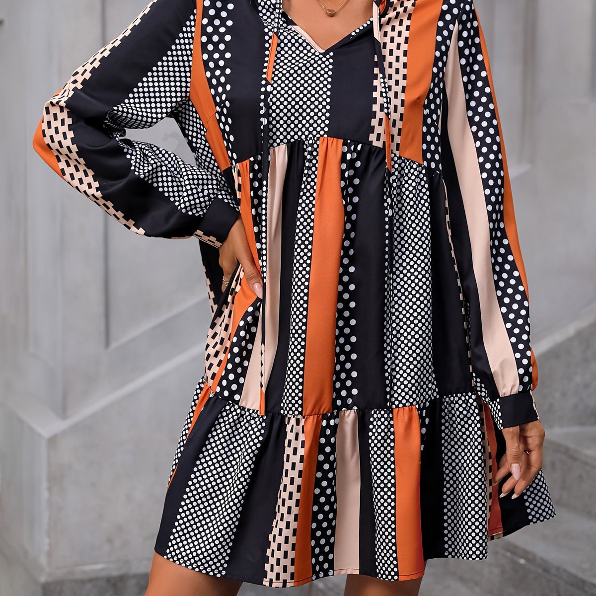  Colorblock Dot Print Lantern Sleeve Mini Smock Dress
