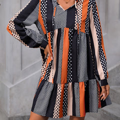  Colorblock Dot Print Lantern Sleeve Mini Smock Dress
