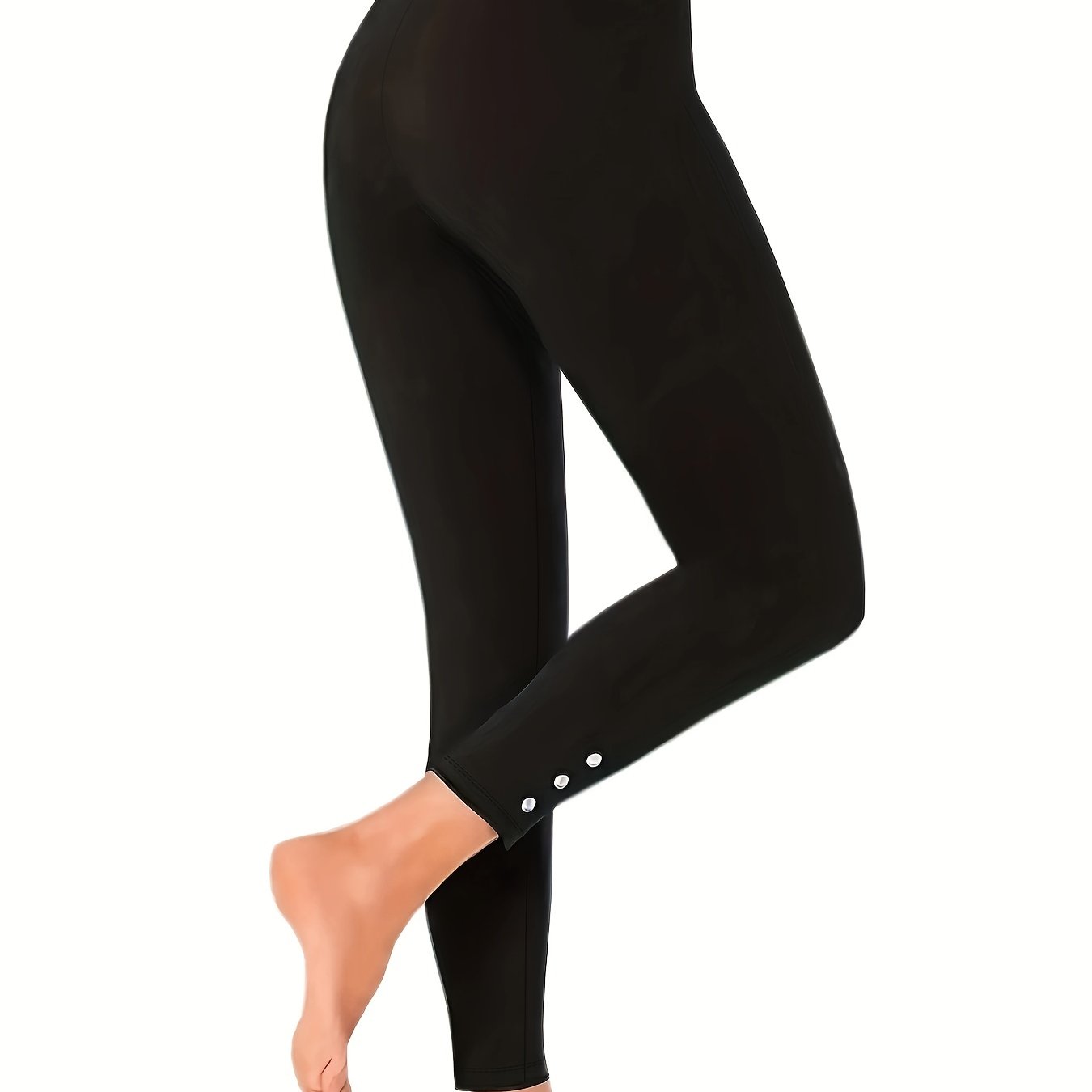  Sports Leggings Women's Plus Solid Button Decor Elastic High Waisted