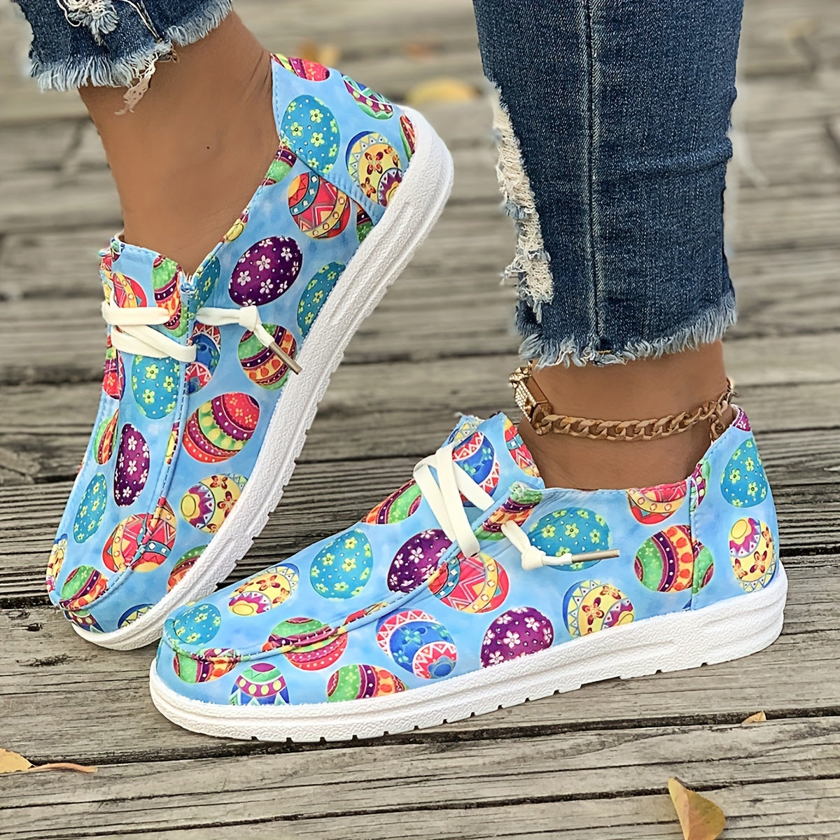 Women's Easter Egg Print Boat Shoes Lightweight Walking Flats Slip-on Sneakers
