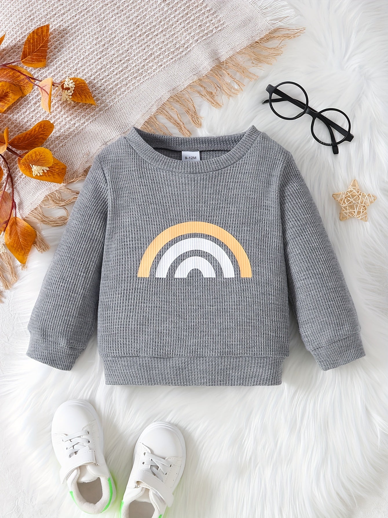 Unisex Rainbow Waffle Long Sleeve Pullover Top Crew Neck Blouse