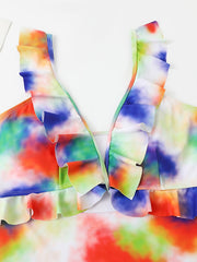  Tie Dye Print One Piece Swimsuit Ruffle Trim High Stretch Bathing Suit