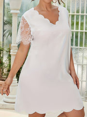  Casual Dress Women's Plus Solid Contrast Lace Short Sleeve Dress
