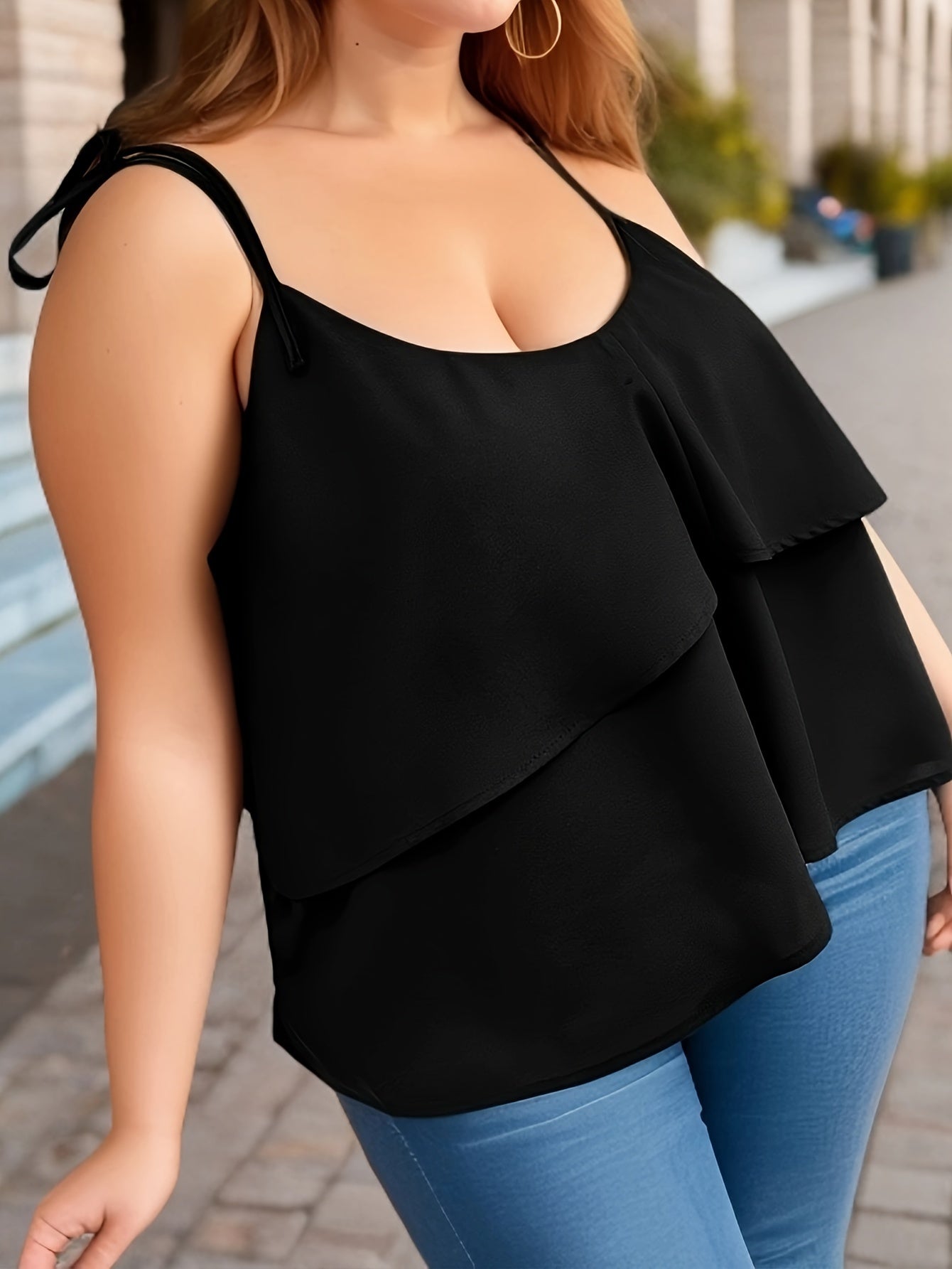  Solid Tie Shoulder Layered Cami Top Round Neck