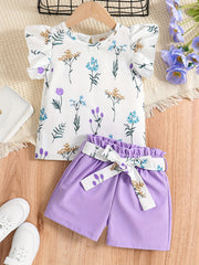 2pcs Girls Floral T-Shirt & Shorts Set Kids Summer Clothes