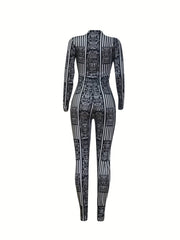 Striped Zip Up Slim Jumpsuit Long Sleeve Women's Clothing