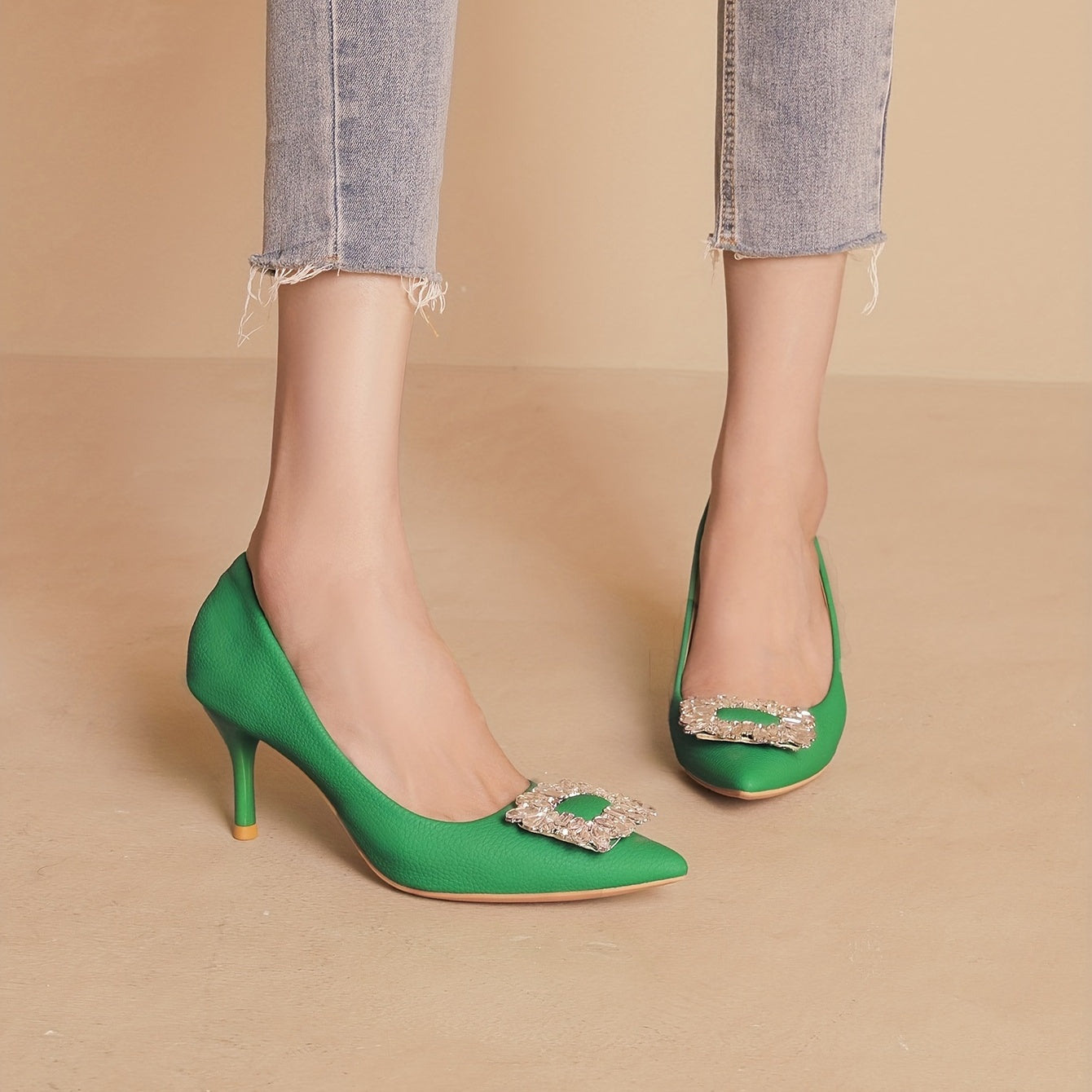 Crystal Decor Stiletto Heels Point Toe Faux Leather Pumps