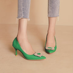 Crystal Decor Stiletto Heels Point Toe Faux Leather Pumps