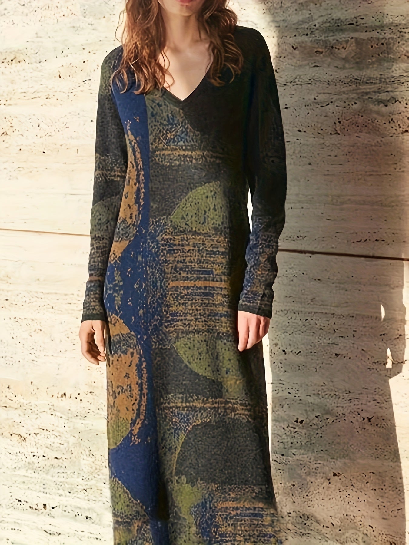  Distressed Long Sleeve Round Neck Maxi Dress