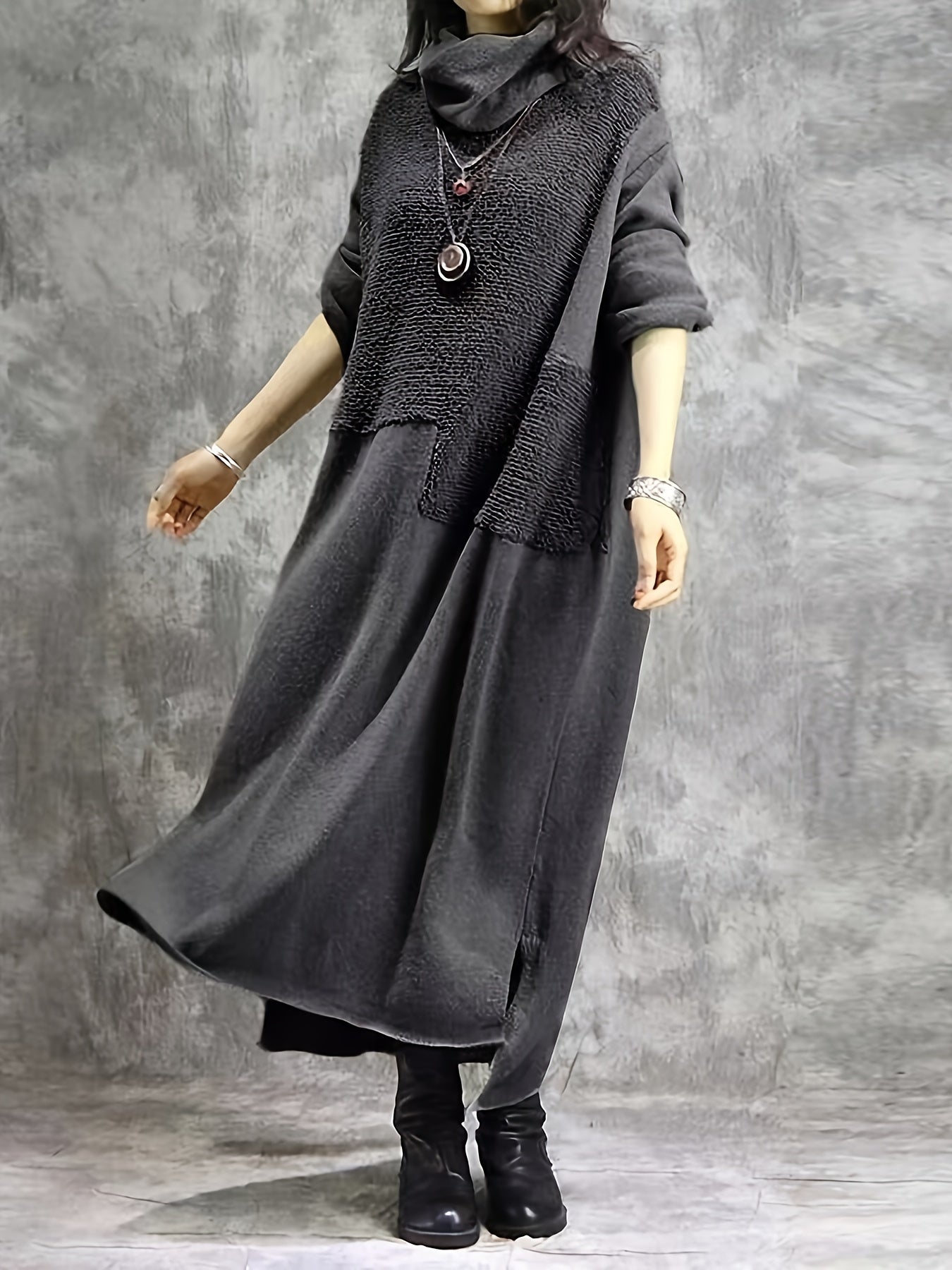  Solid Fleece Long Sleeve Maxi Dress