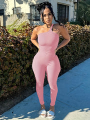 One Shoulder Ribbed Jumpsuit - Women's Casual One Piece