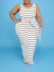  Striped Lace Up Maxi Dress with Belt