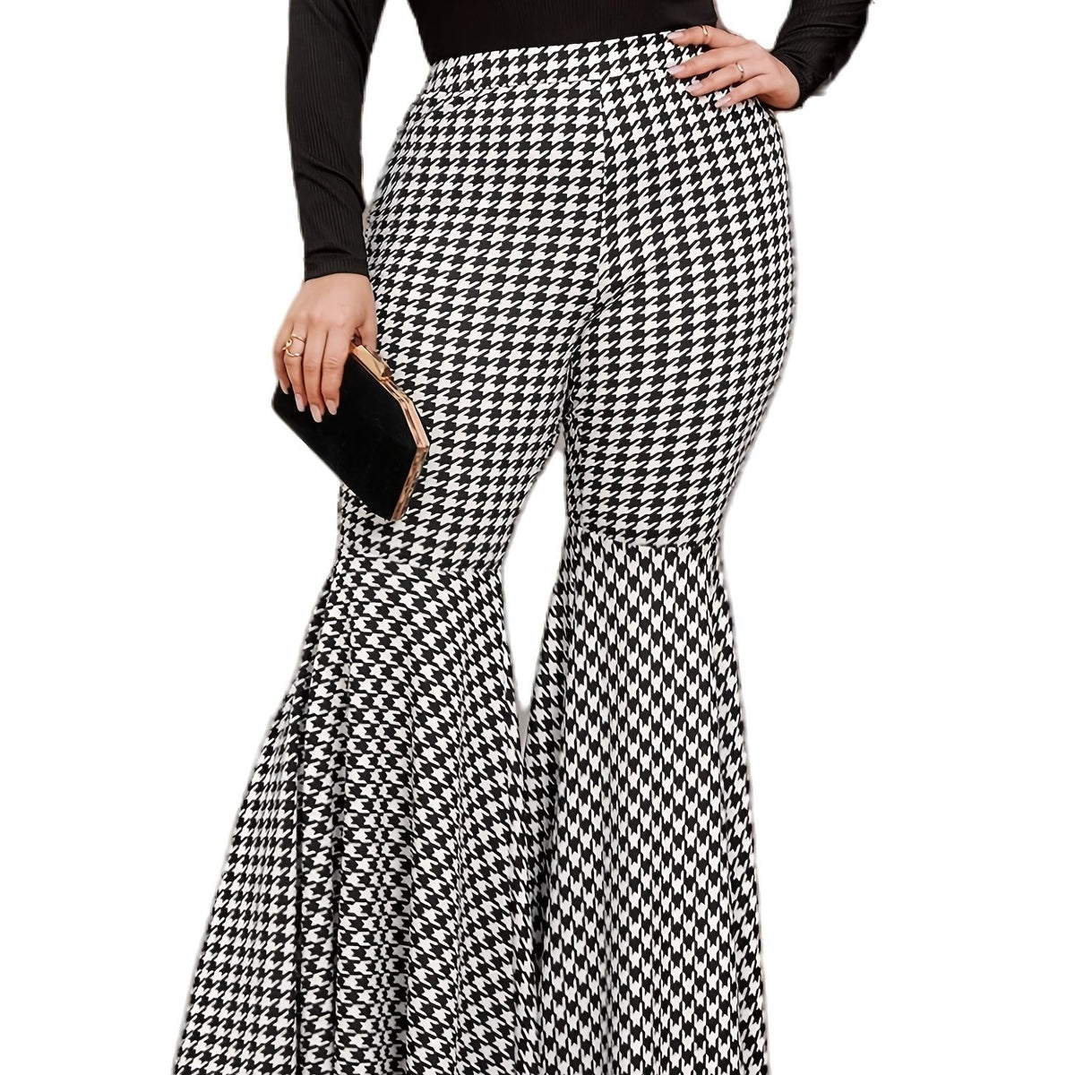  Houndstooth Flared Pants Retro High Rise Plus Women's