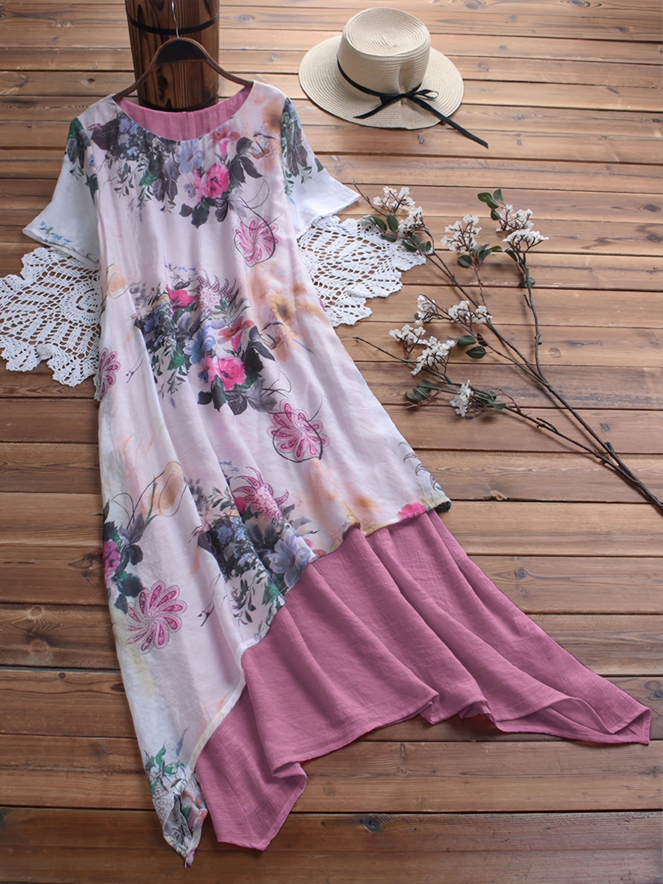 Floral Print Layered V Neck Short Sleeve Dress
