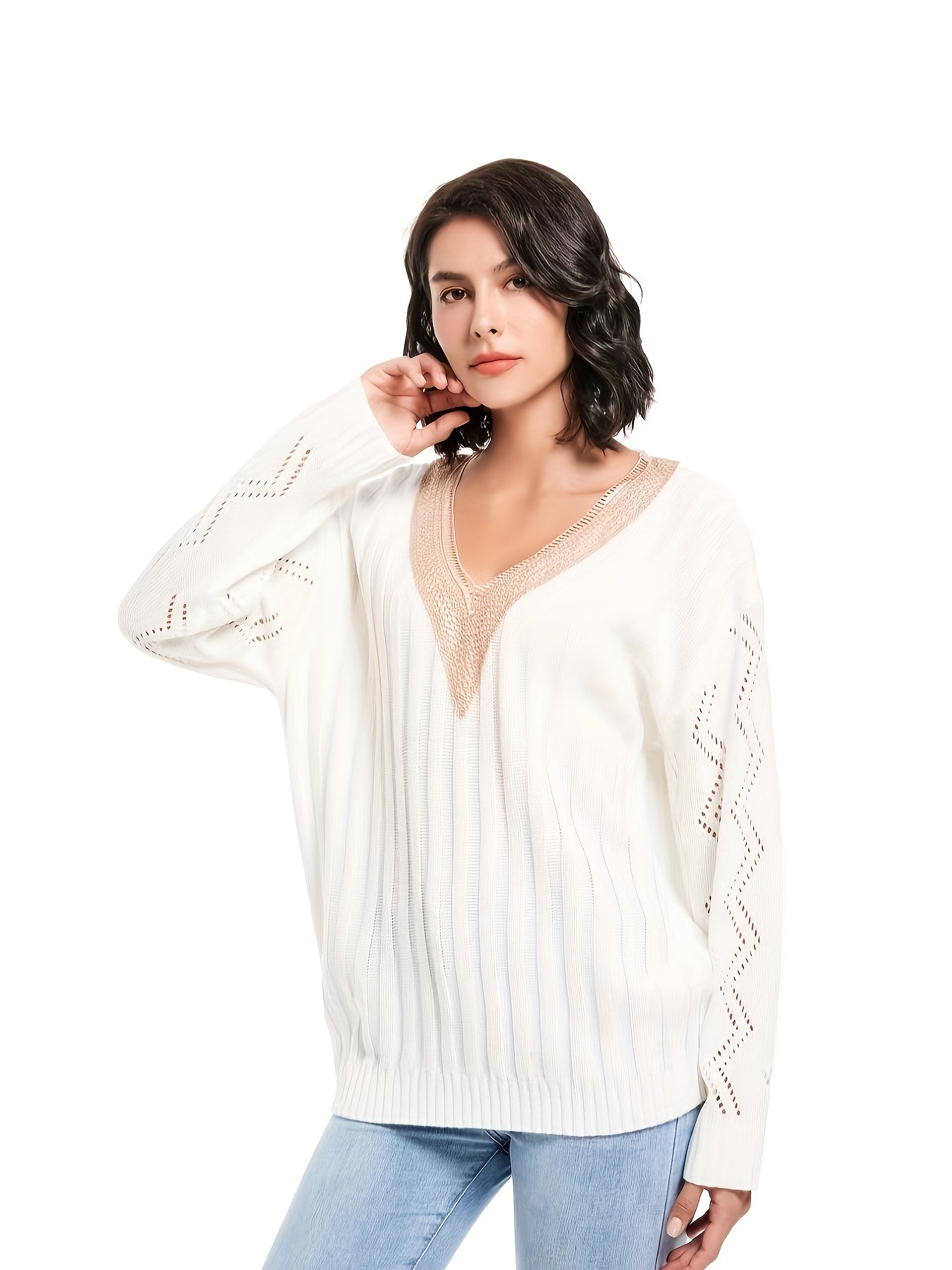 Ribbed Pointelle Applique V Neck Jumper