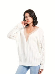  Ribbed Pointelle Applique V Neck Jumper
