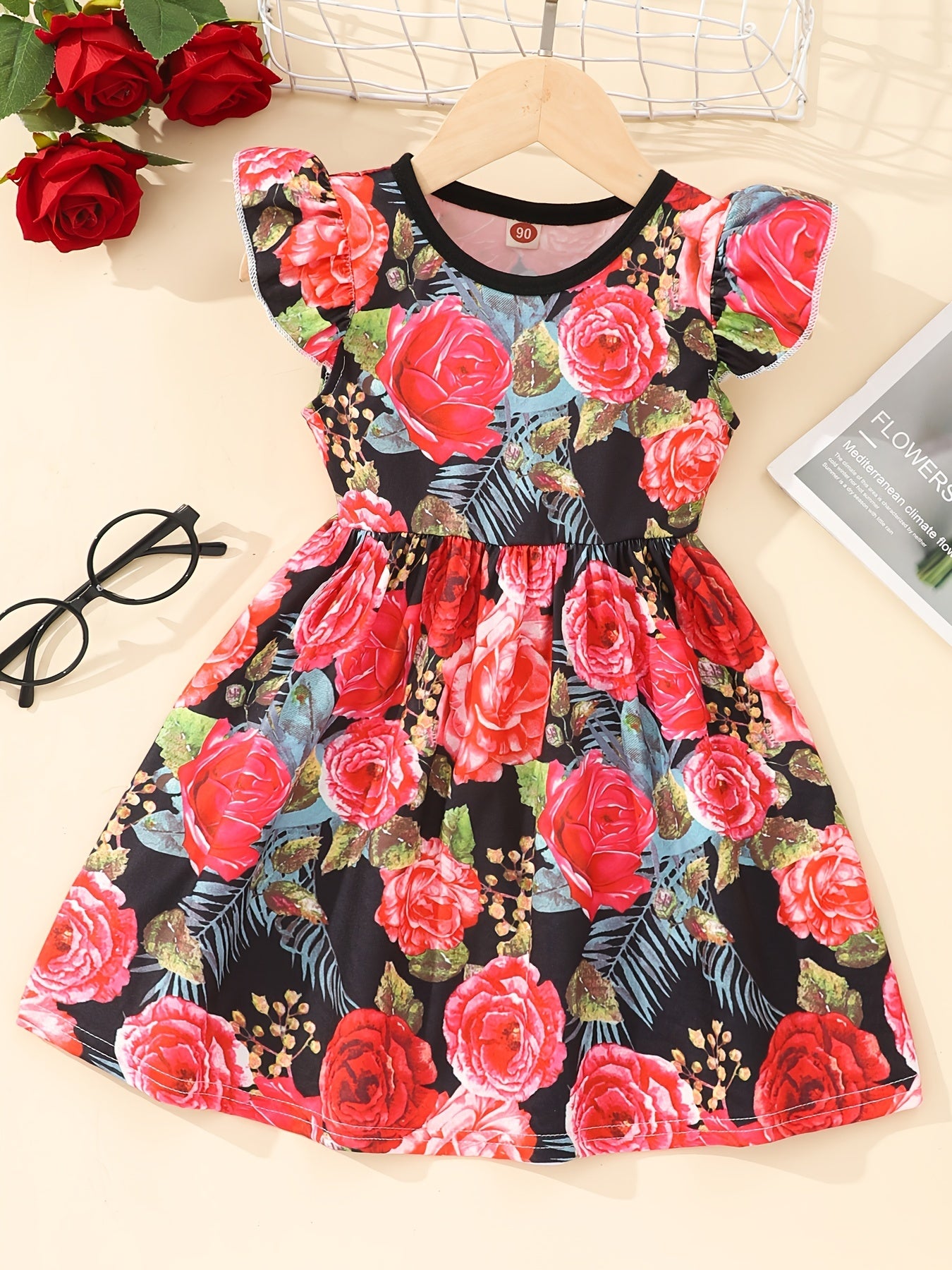 Girl's Plaid Sunflower Graphic Flying Sleeve Dress